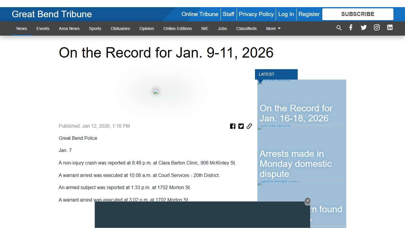 On the Record for Jan. 9-11, 2026 - Great Bend Tribune