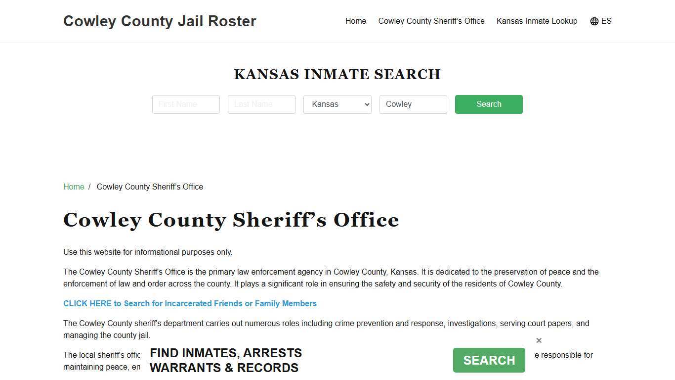 Cowley County Sheriff Office, KS, Arrest Warrants Search
